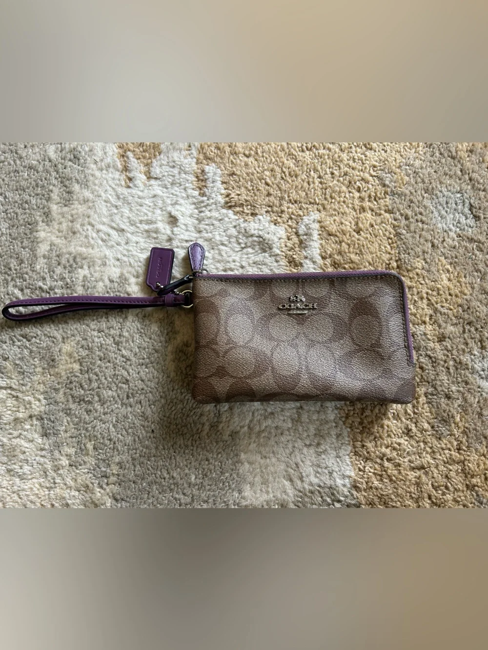 Coach Signature Logo Double Zip Wristlet Brown Purple EUC!